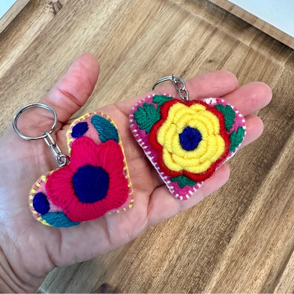 Two Hand Embroidered Hearts Mexican Ornament Heart Keychain Corazon Bordado - Picture 4 of 4